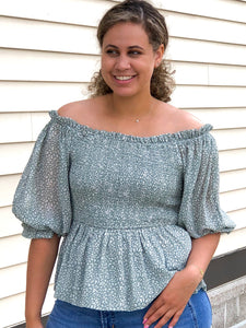 Off the shoulder green floral top smocked bodice