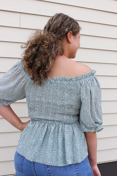 Back Off the shoulder green floral top smocked bodice