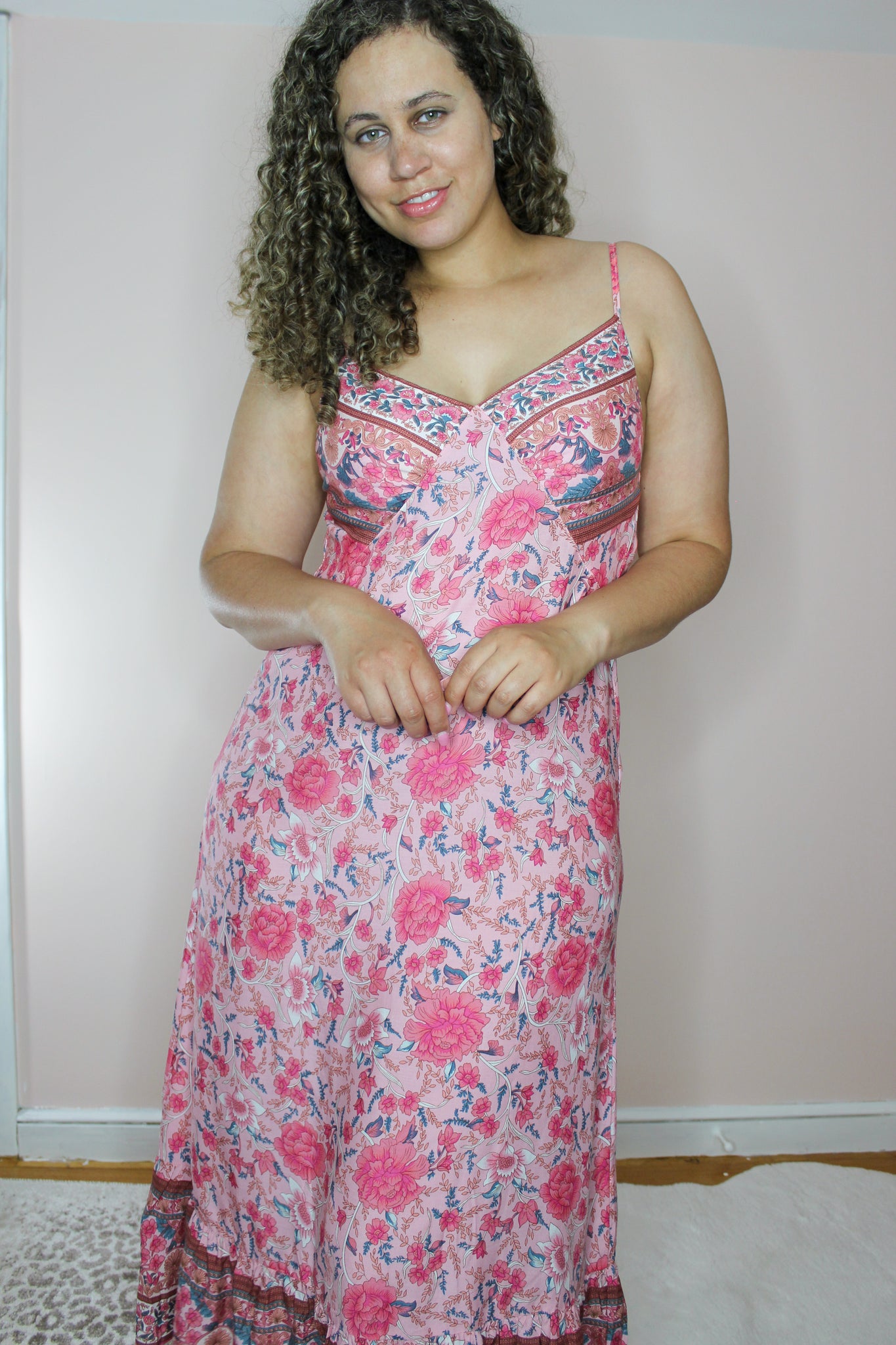 Pink boho floral dress with v neck