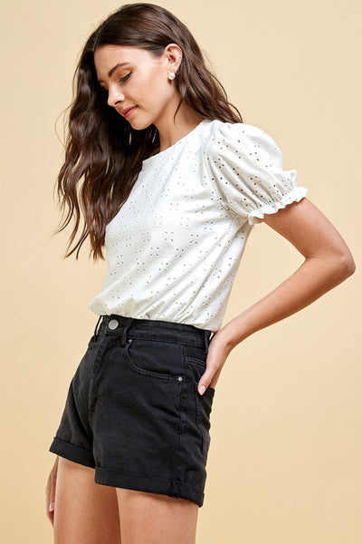 Eyelet puff sleeve white top