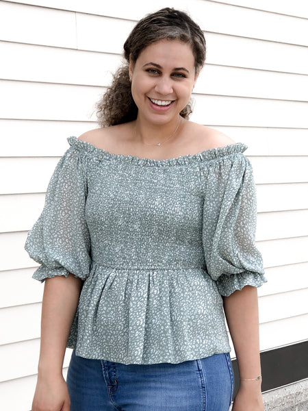 Off the shoulder green floral top smocked bodice