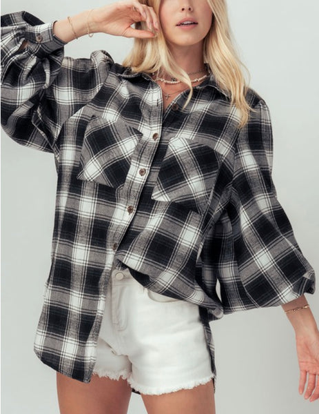 black plaid lantern sleeves tunic