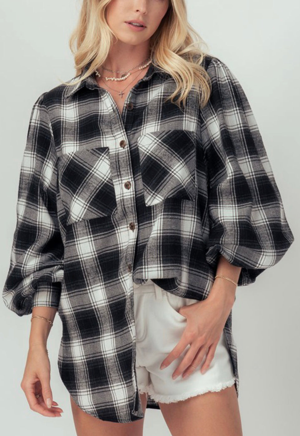 black plaid lantern sleeves tunic